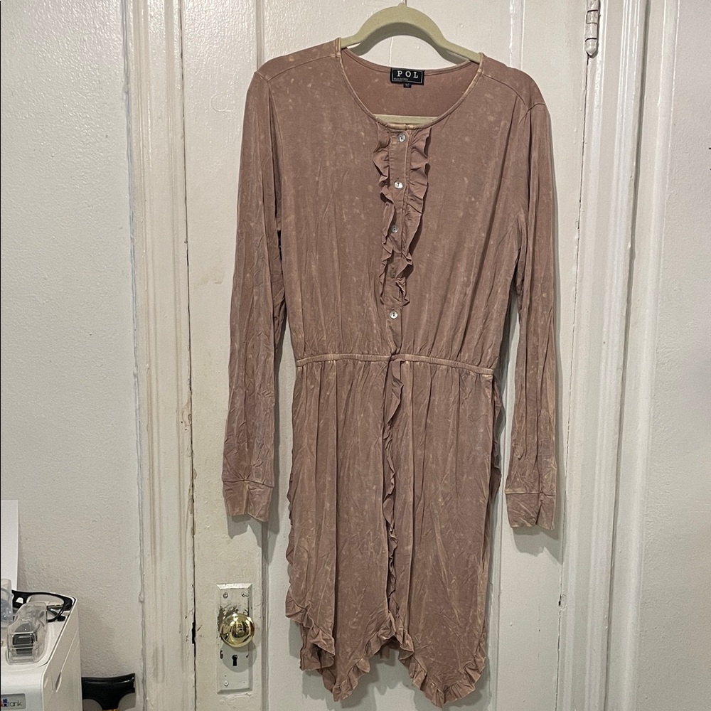 POL Rose Taupe Ruffle-Trim Button Dress